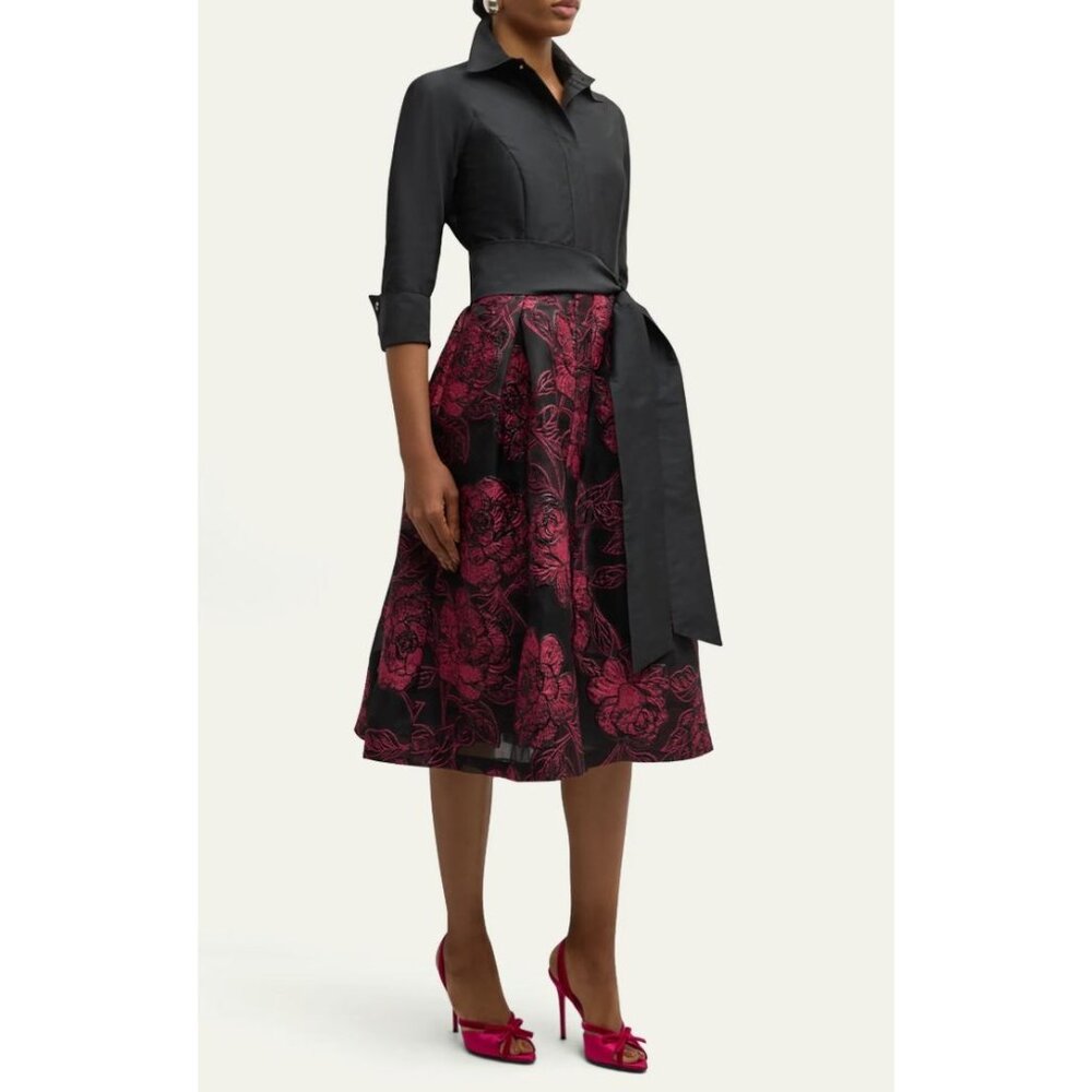 Rickie Freeman for Teri Jon Tie-Waist Floral Jacquard Midi Shirtdress-sz 18